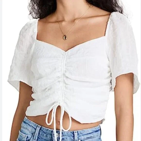 Wayf Short Sleeve Rouched Front Smocked Back Crop Top - White - size Medium - Picture 8 of 8